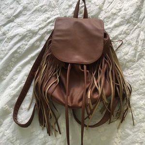 Brown Faux Leather Fringe Backpack